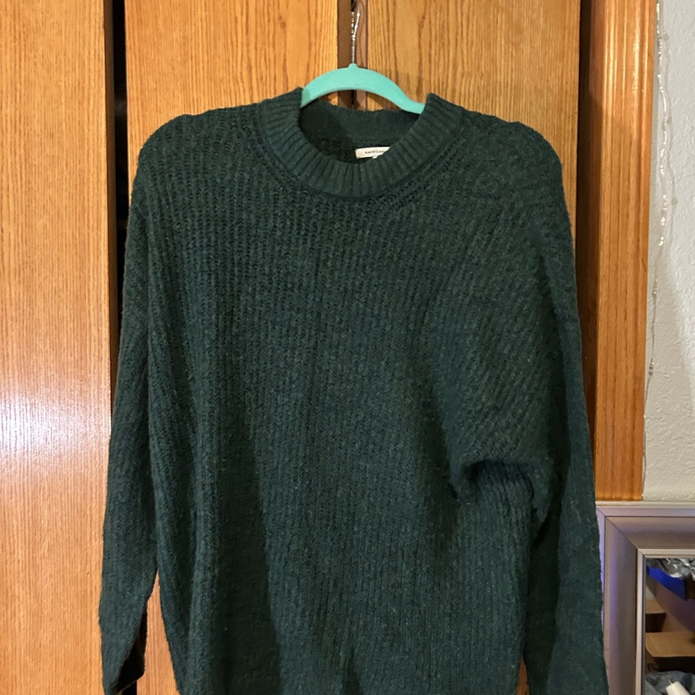 American Eagle Outfitters Green Crewneck Sweater with Ribbed Texture